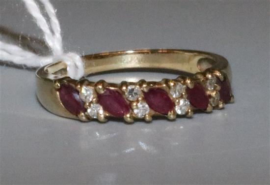 Ruby and diamond half hoop ring, 9ct gold setting